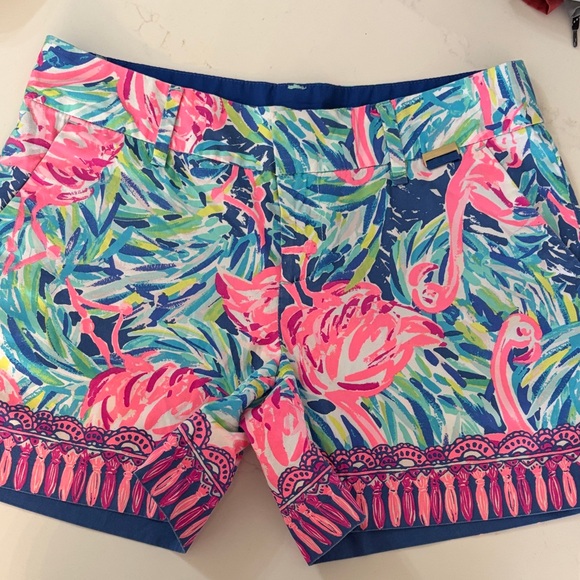 Lilly Pulitzer Pants - Lilly Pulitzer Pink, Blue & Green Flamingo Print Scalloped Hem Shorts